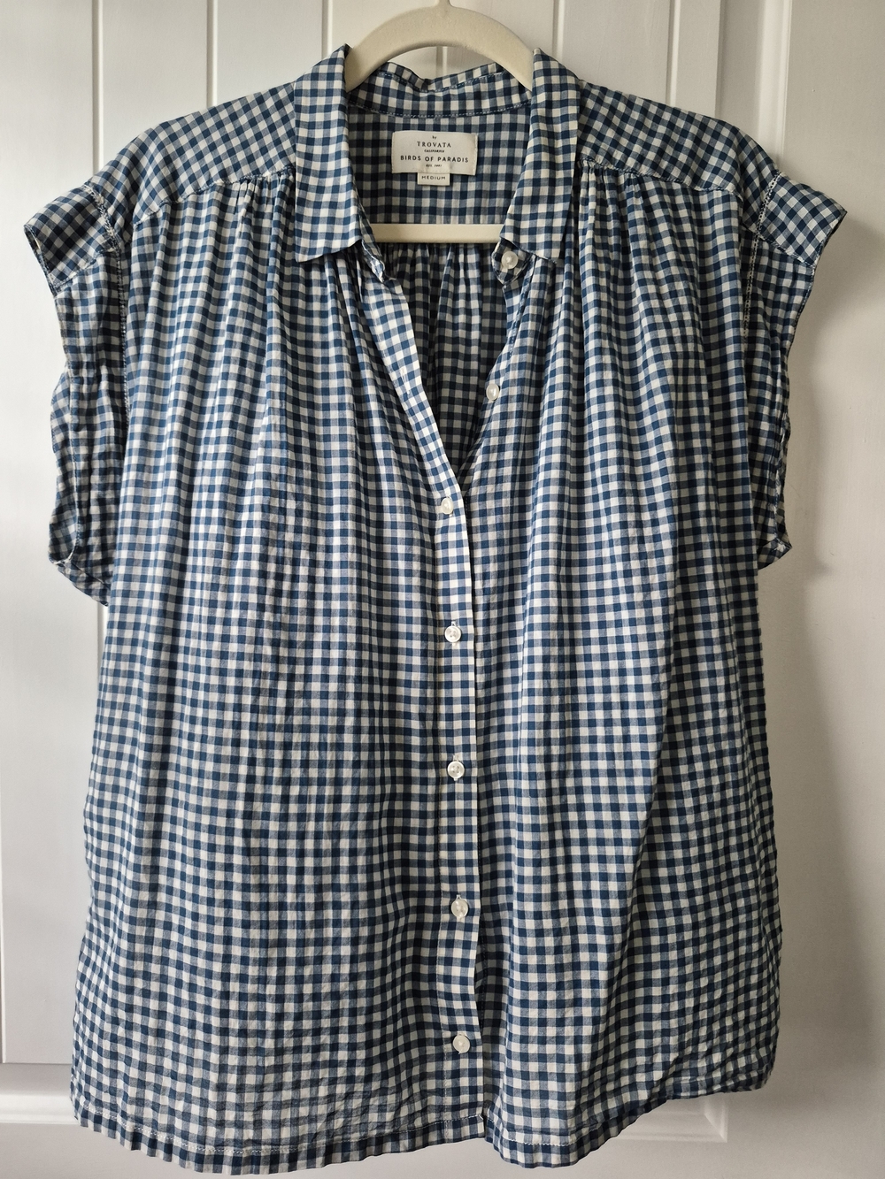 Trovata Birds of Paradis Gingham Button Front Blouse Blue White M